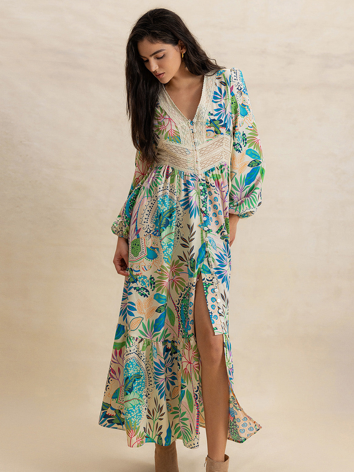 Slit Printed V-Neck