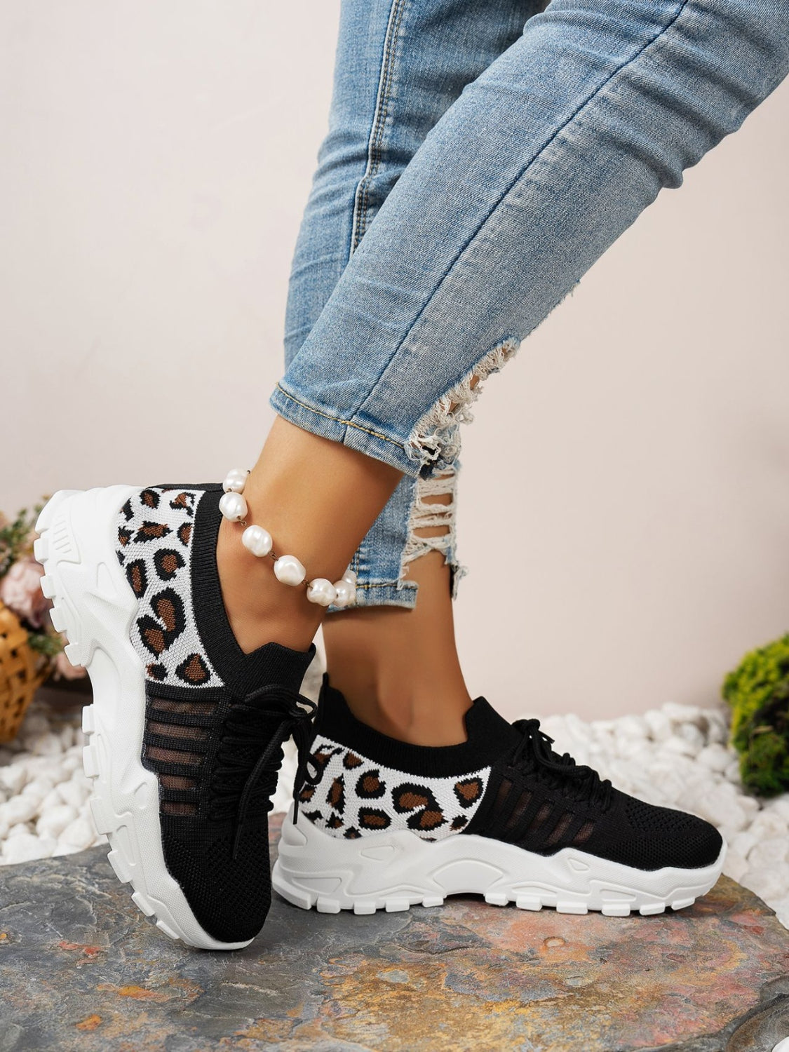 Cutout Leopard Lace Up