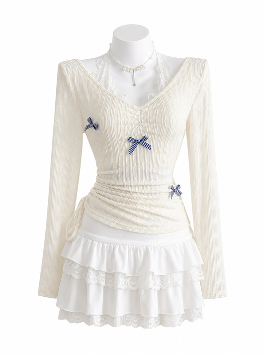 Bow Lace Detail V-Neck