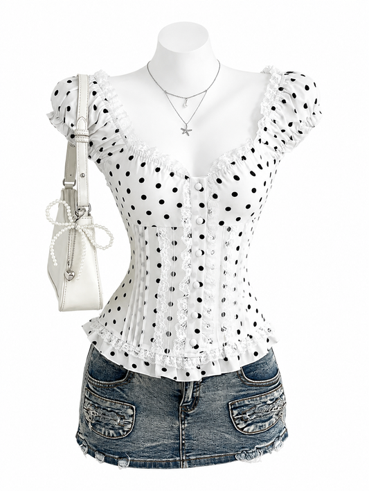 Polka Dot Lace Trim Cap Sleeve Blouse