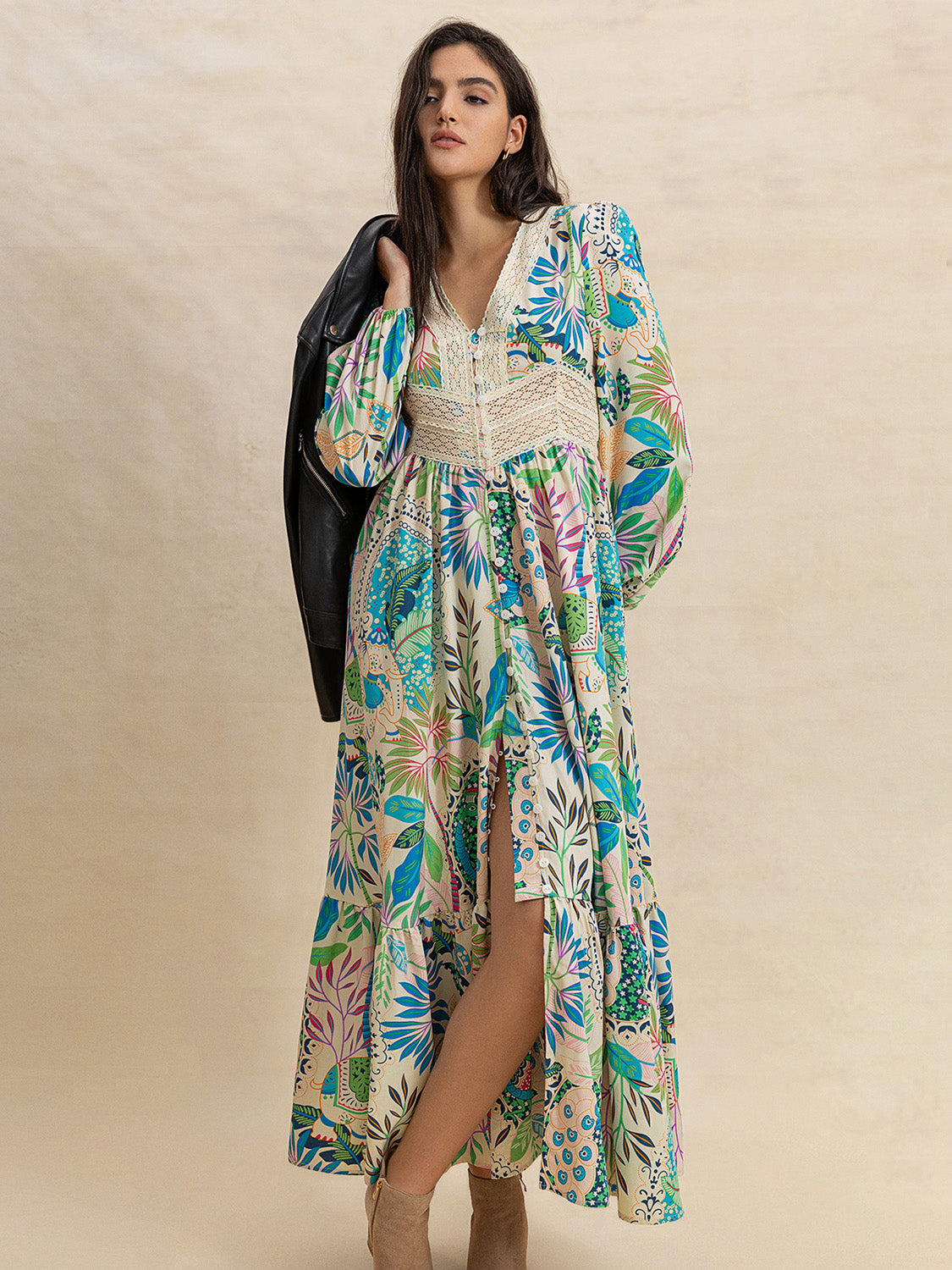 Slit Printed V-Neck